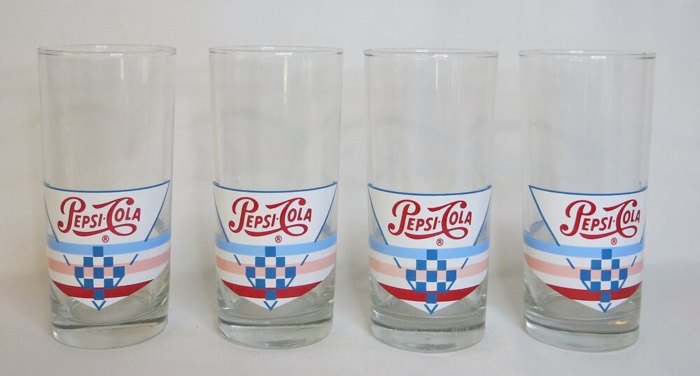 Vintage PEPSI Cola Glasses  Set 4 Logo Stripes Tall 6" 14 Ounce Soda Advertising